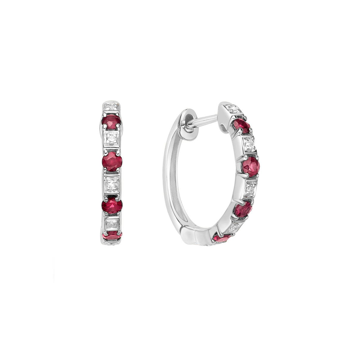 10K White Gold Classic Ruby &amp; Diamond Hoop Earrings 0.04cttw