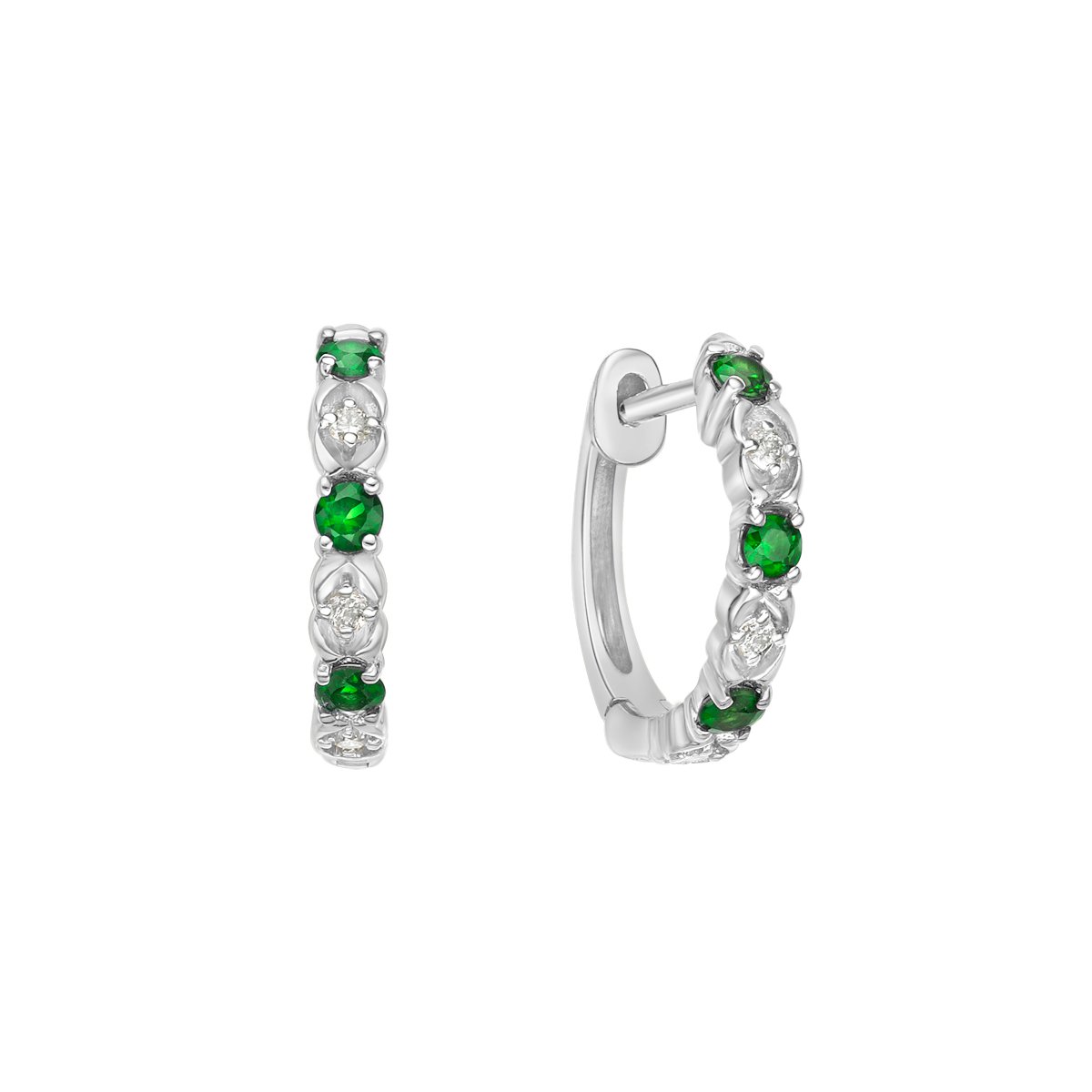 10K White Gold Classic Emerald &amp; Diamond Hoop Earrings 0.06cttw