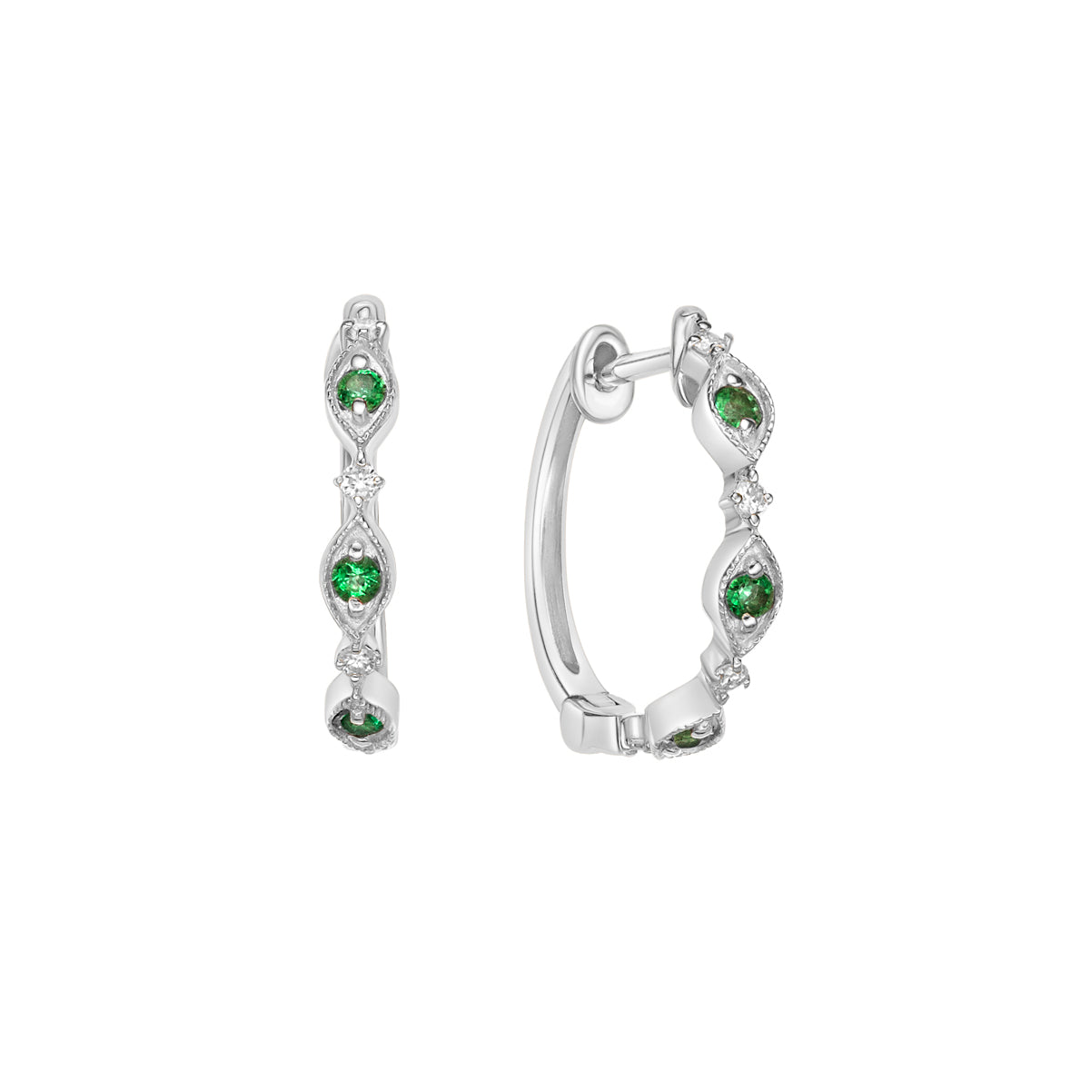 10K White Gold Classic Emerald &amp; Diamond Hoop Earrings 0.07cttw