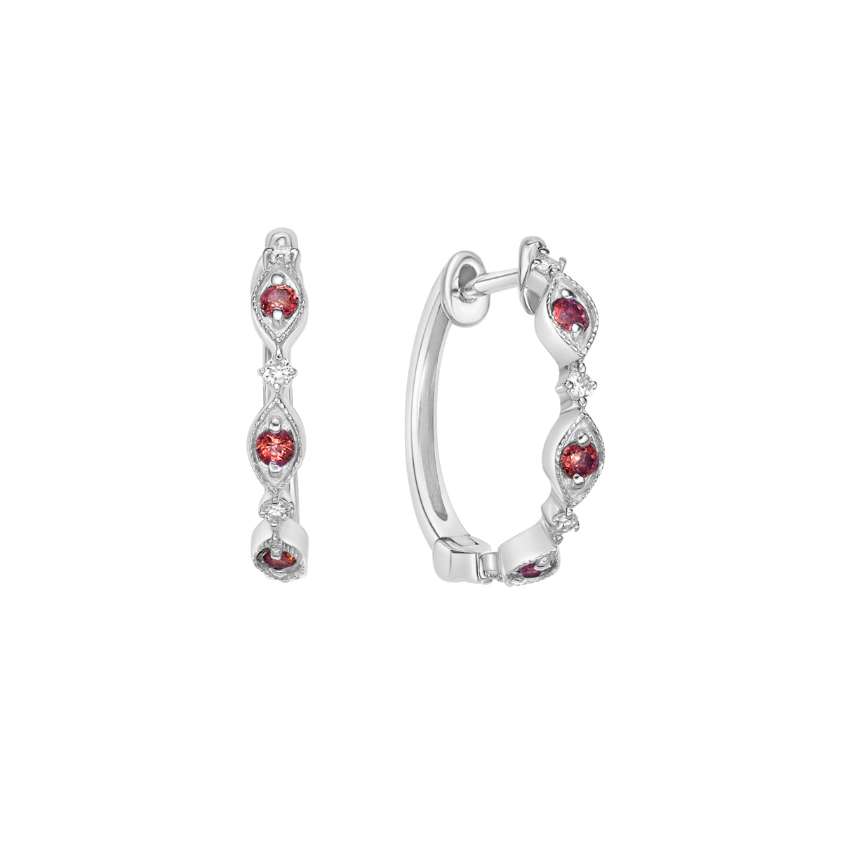 10K White Gold Classic Ruby &amp; Diamond Hoop Earrings 0.07cttw