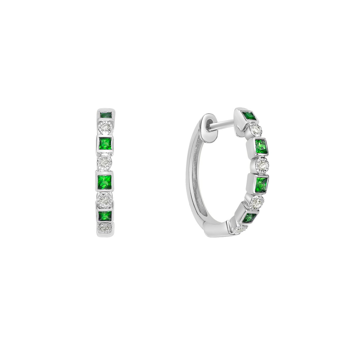 10K White Gold Classic Emerald &amp; Diamond Hoop Earrings with Squares