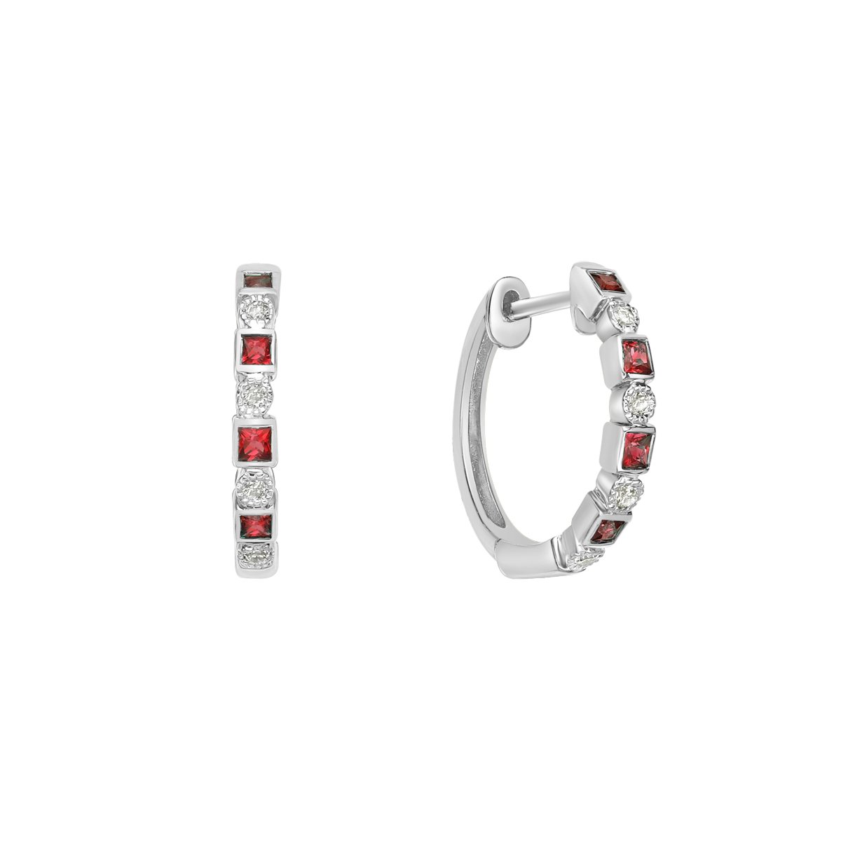 10K White Gold Classic Ruby &amp; Diamond Hoop Earrings with Squares