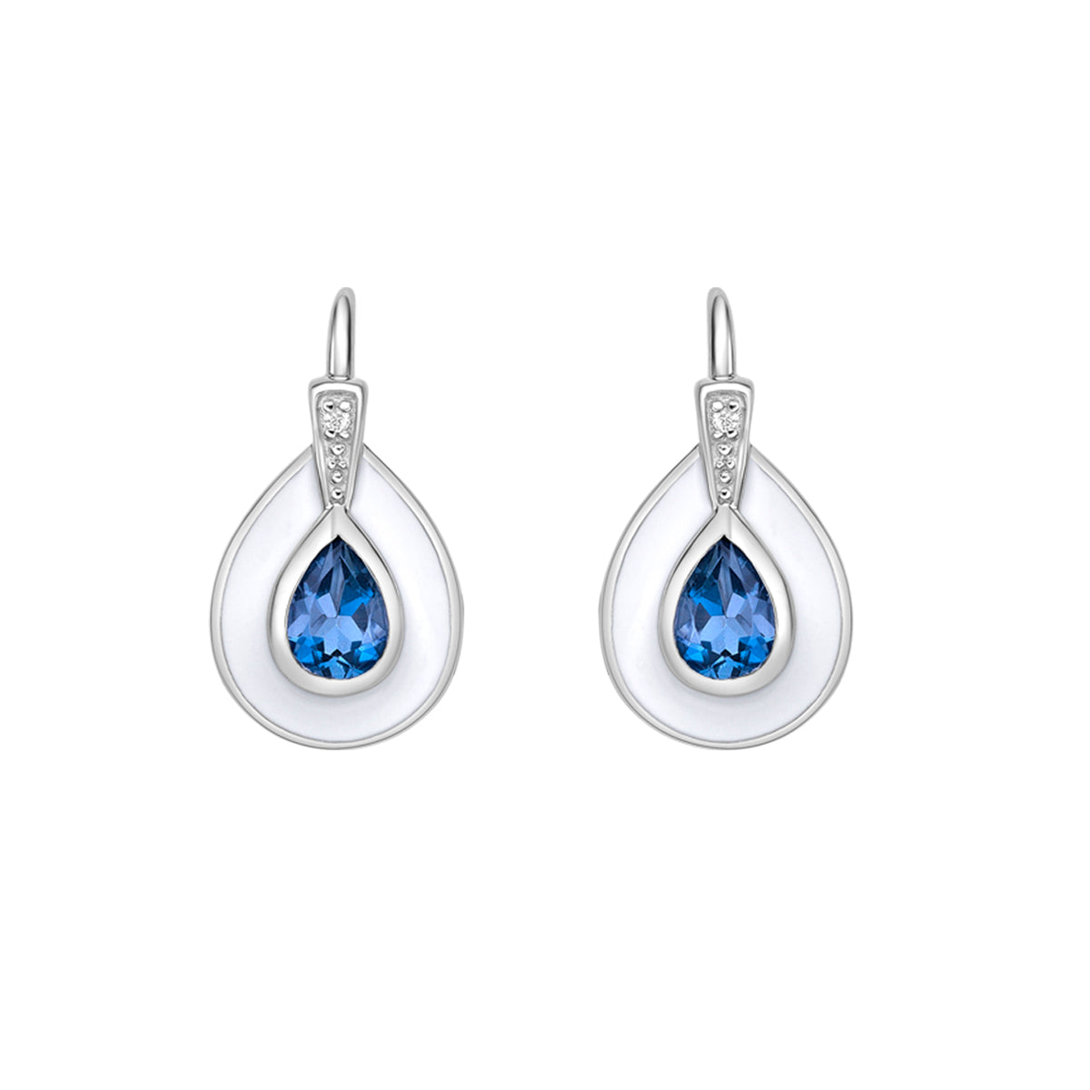 10K White Gold Bezel-set London Blue Topaz and Diamond Earrings with Enamel