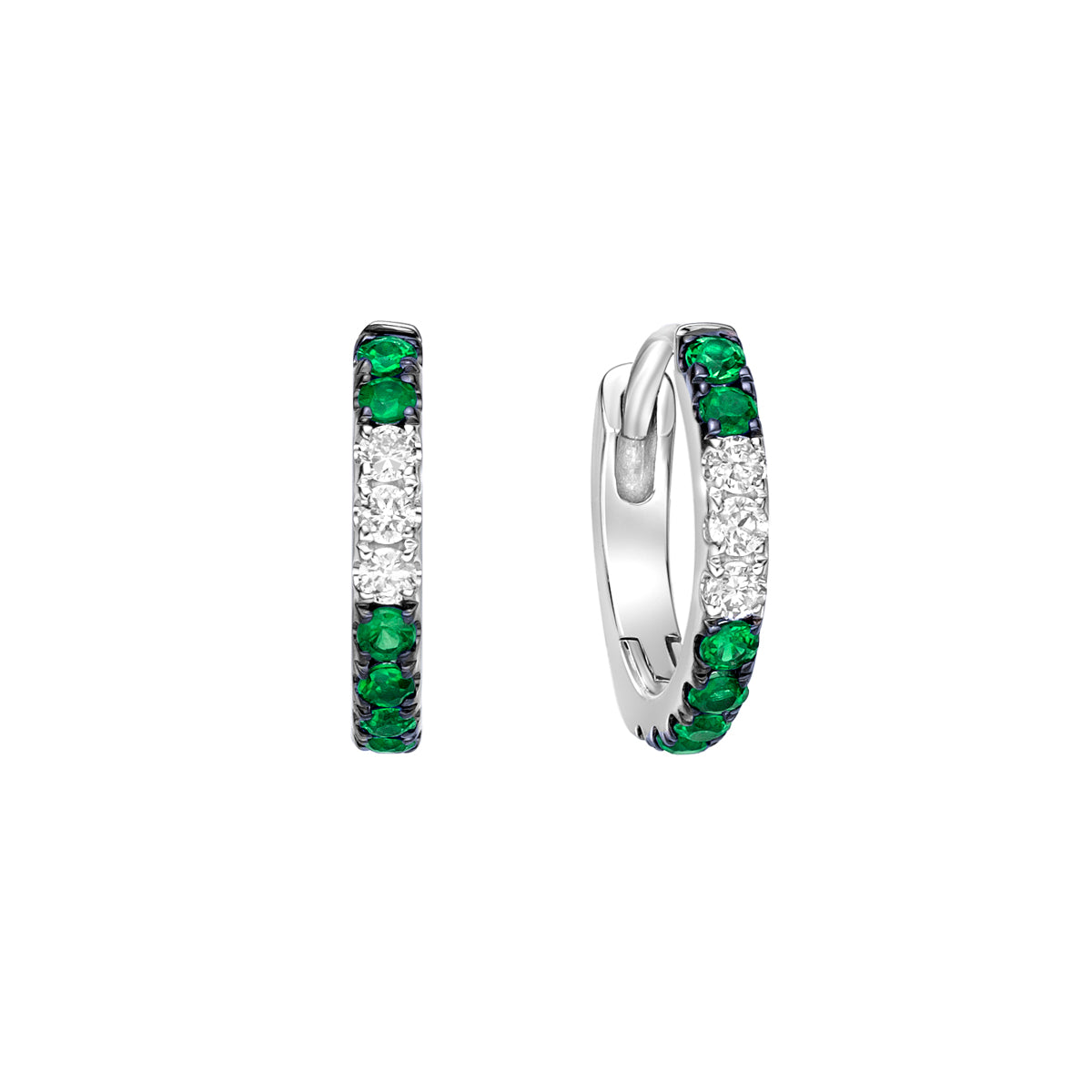 10K White Gold Classic Emerald Hoop Earrings with Diamond Accent