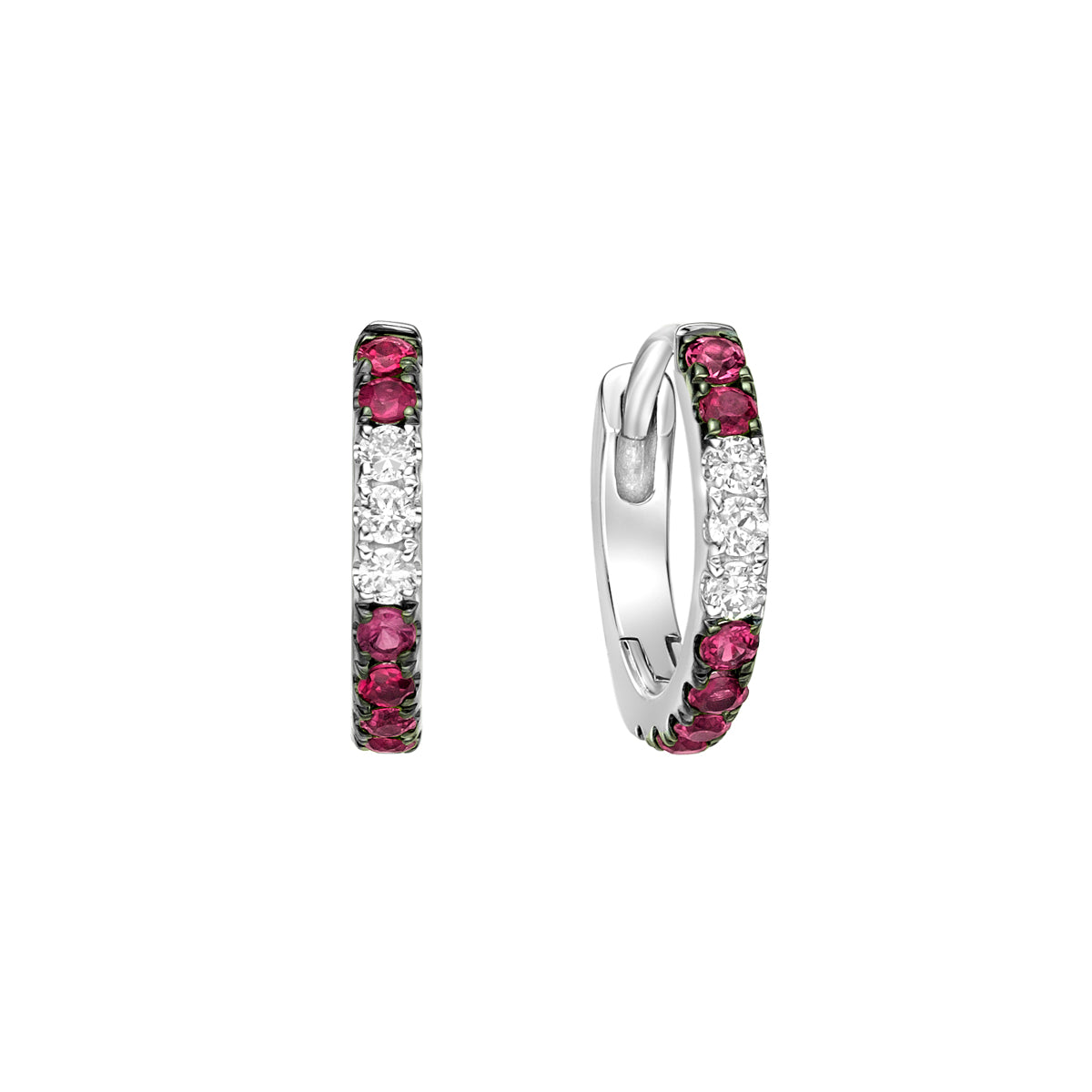 10K White Gold Classic Ruby Hoop Earrings with Diamond Accent