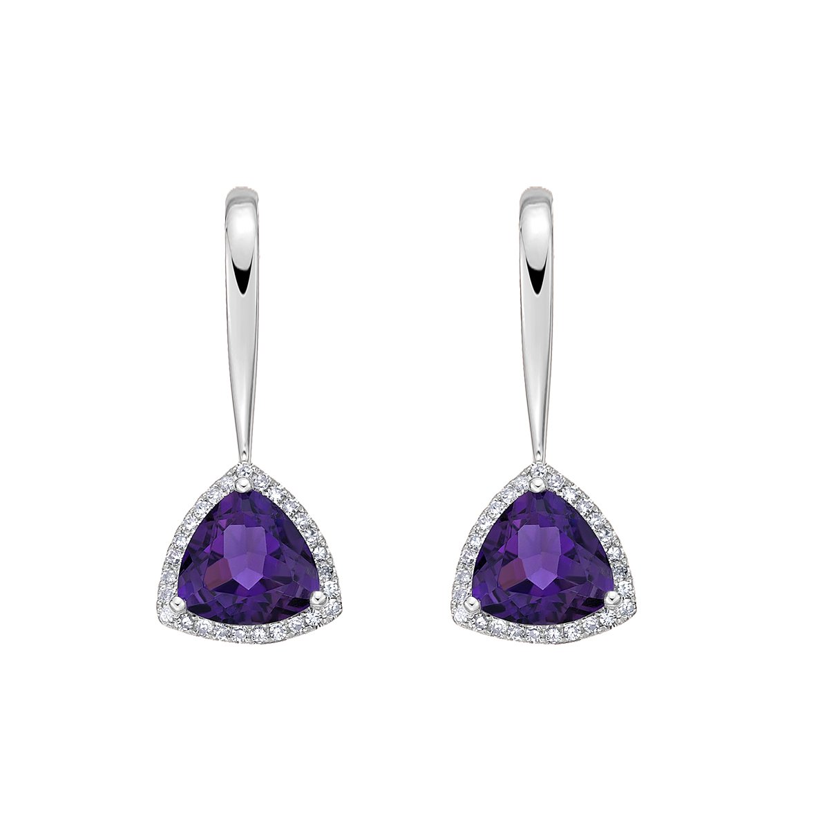 10K White Gold Prong-set Trillion Amethyst Earrings with Diamond Halo