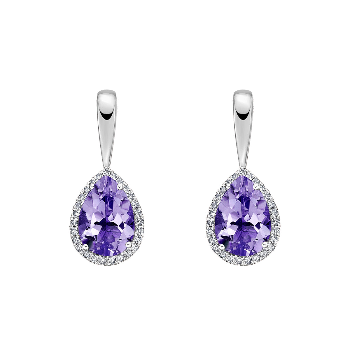 10K White Gold Prong-set Amethyst Earrings with Diamond Halo