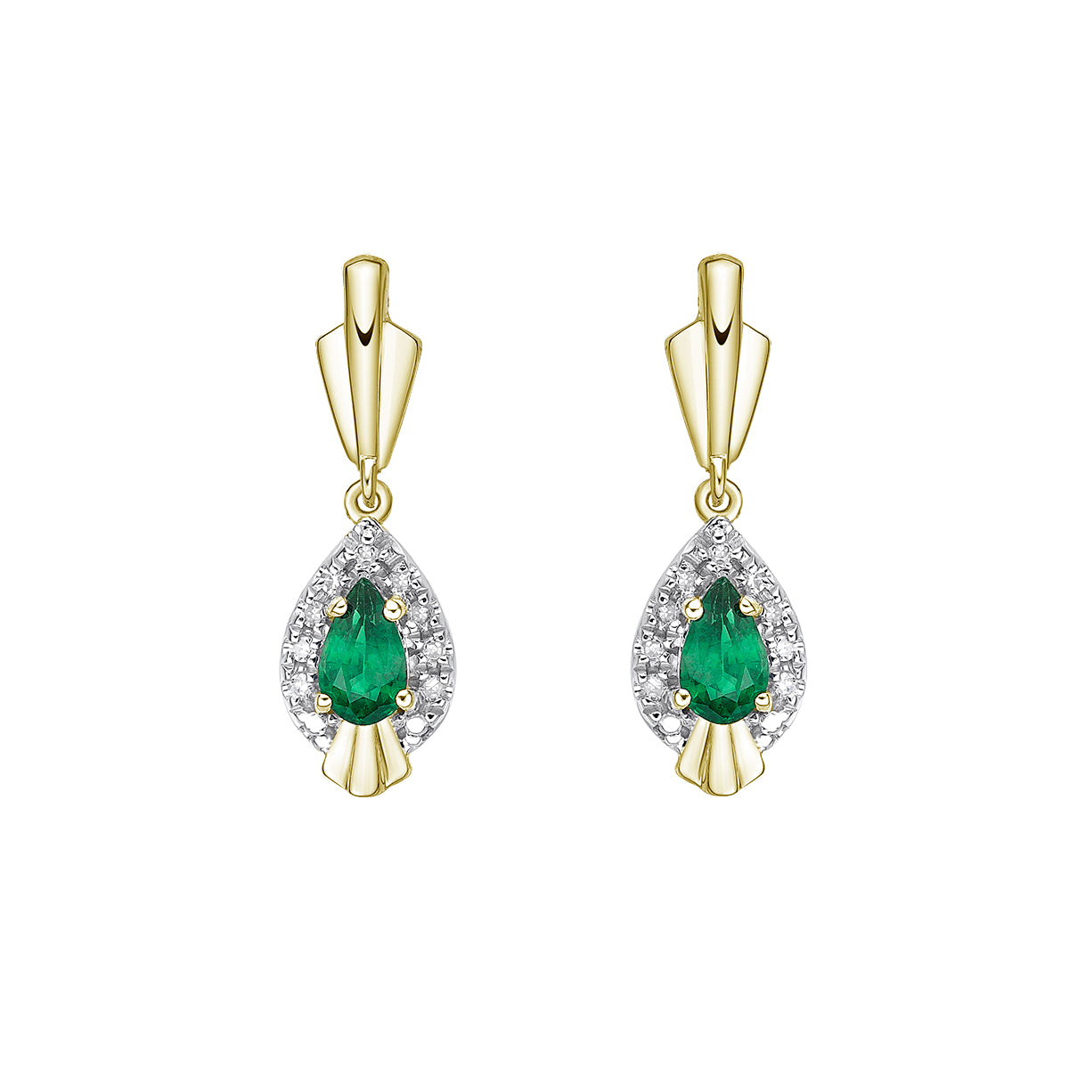 10K Yellow Gold Prong-set Emerald Earrings with Diamond Halo