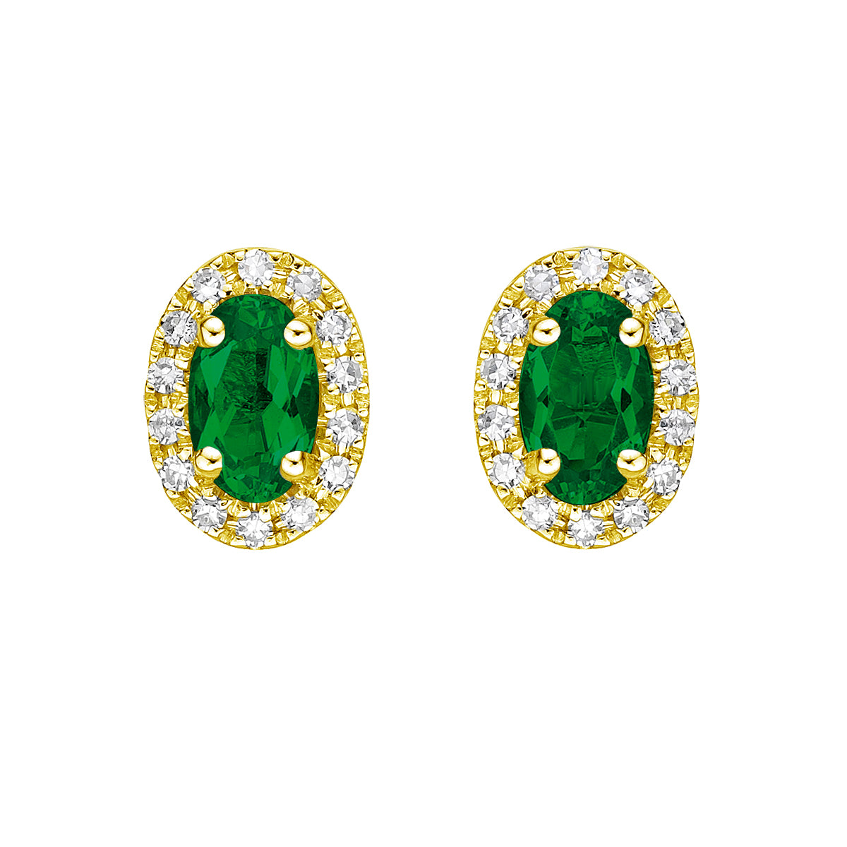 10K Yellow Gold Prong-set Emerald Earrings with Diamond Halo