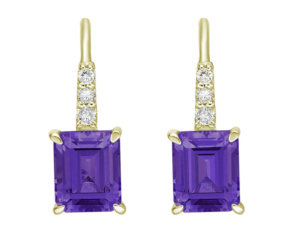 10K Yellow Gold Prong-set Emerald Cut Amethyst Earrings with Diamond Accent