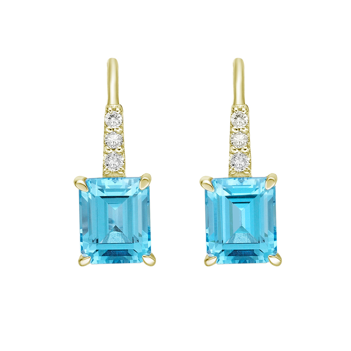 10K Yellow Gold Prong-set Emerald Cut Blue Topaz Earrings with Diamond Accent