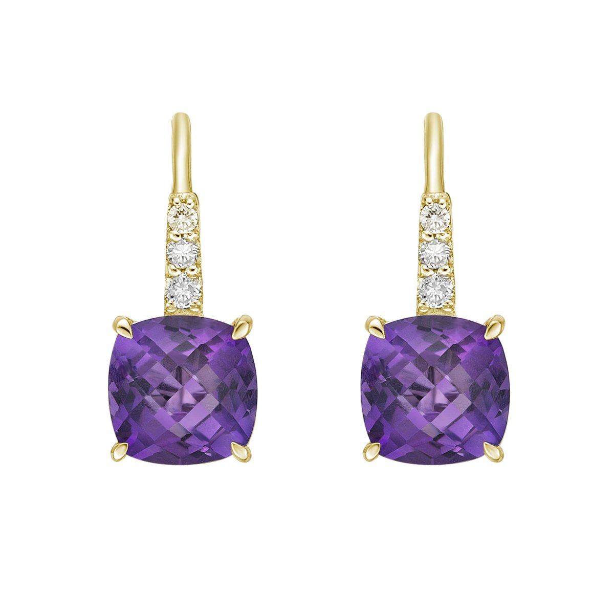 10K Yellow Gold Prong-set Cushion Amethyst Earrings with Diamond Accent