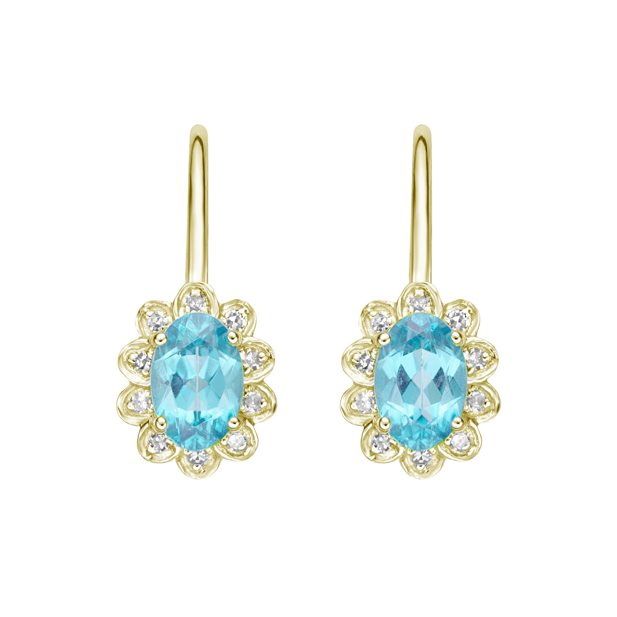 10K Yellow Gold Prong-set Blue Topaz Earrings with Diamond Halo