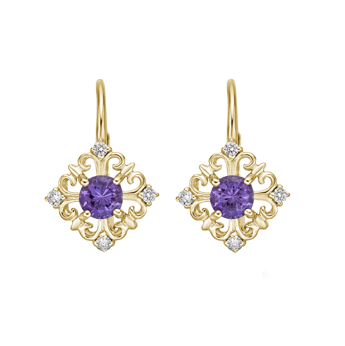 10K Yellow Gold Amethyst Earrings with Diamond Accent