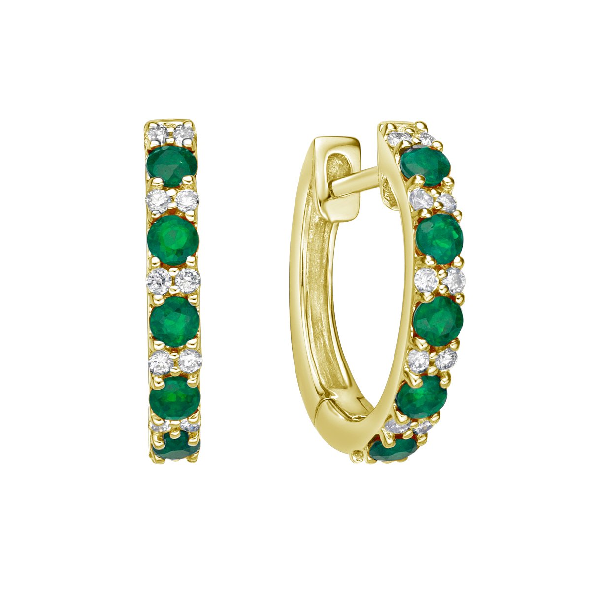 10K Yellow Gold Classic Emerald &amp; Diamond Hoop Earrings