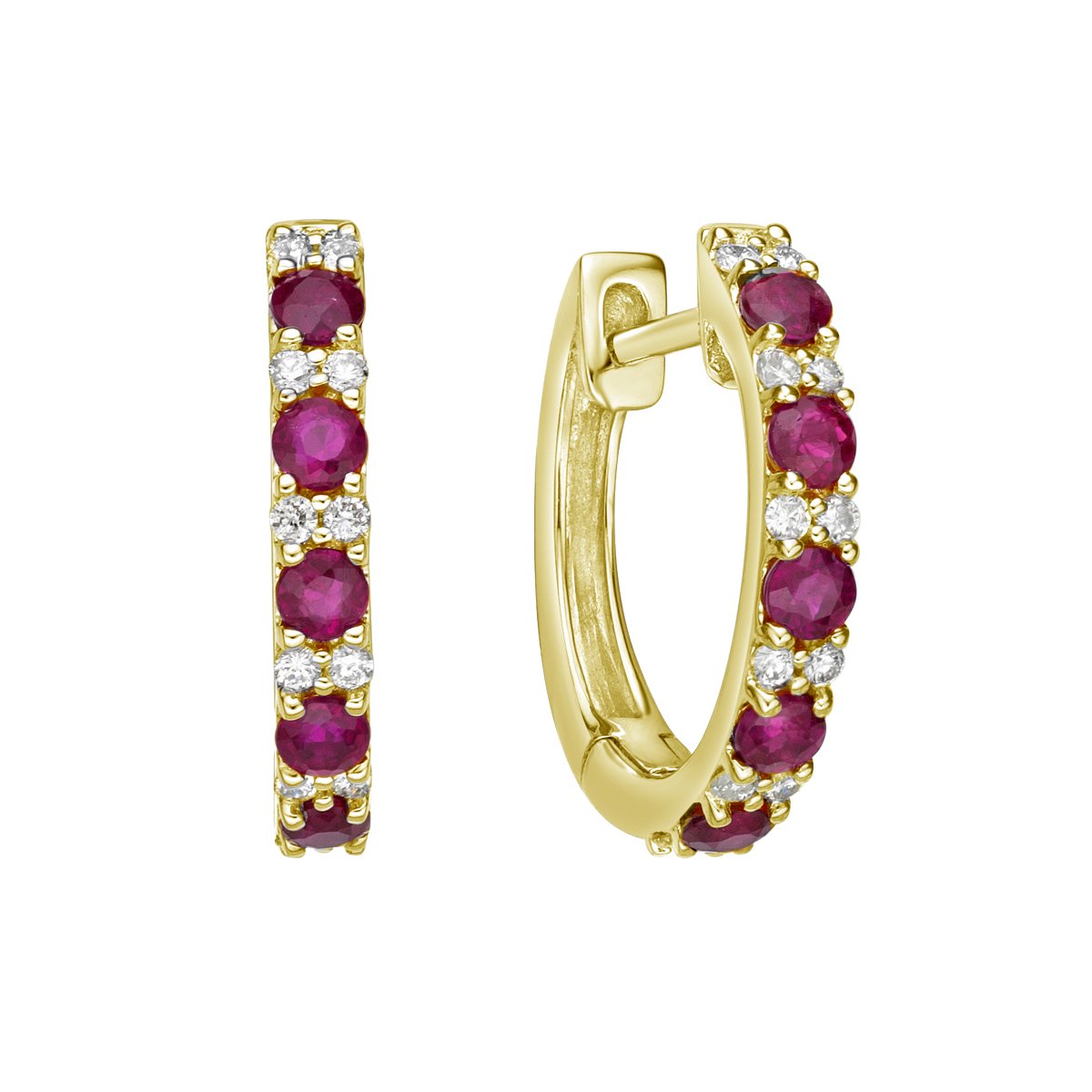 10K Yellow Gold Classic Ruby &amp; Diamond Hoop Earrings