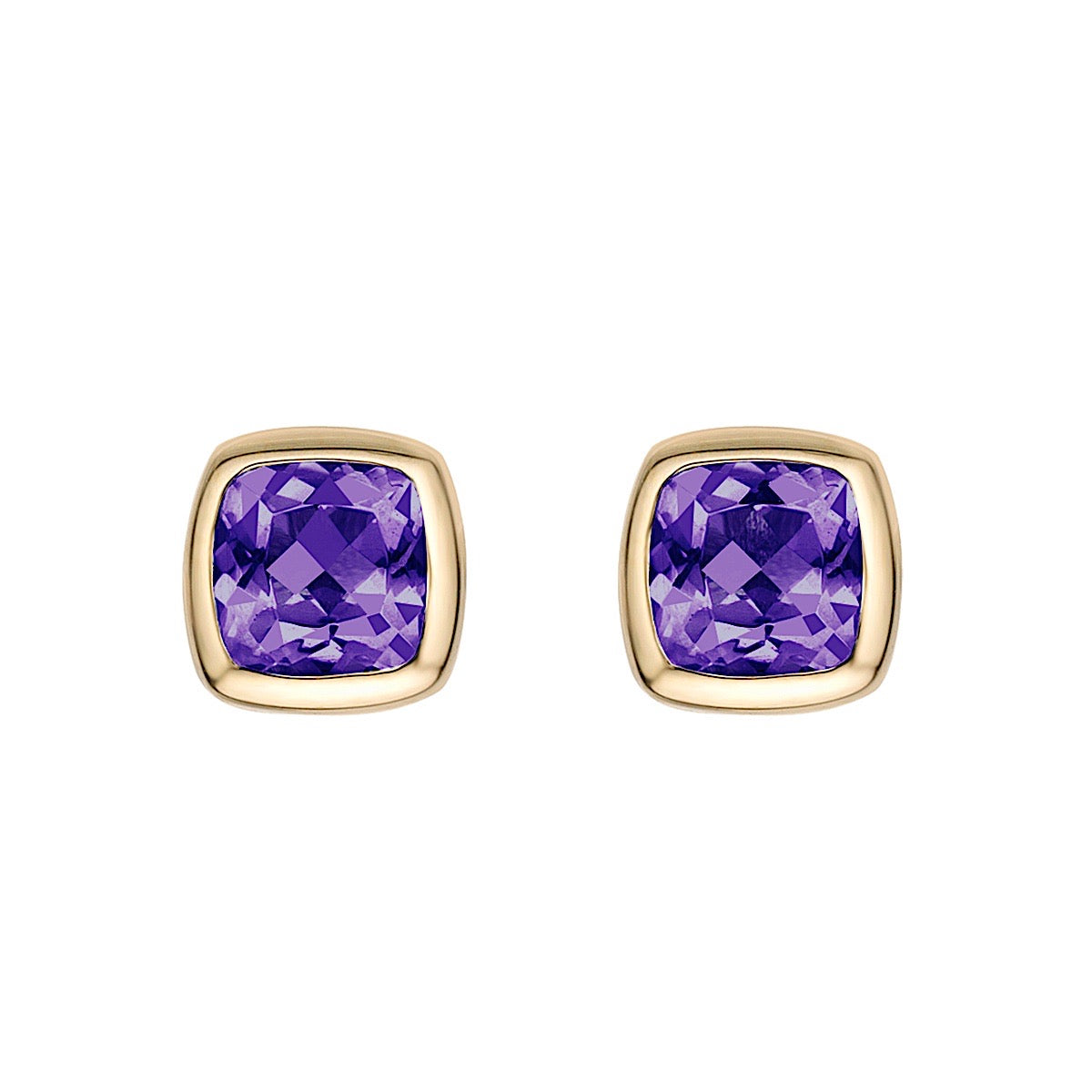 10K Yellow Gold Bezel-set Cushion Amethyst Stud Earrings