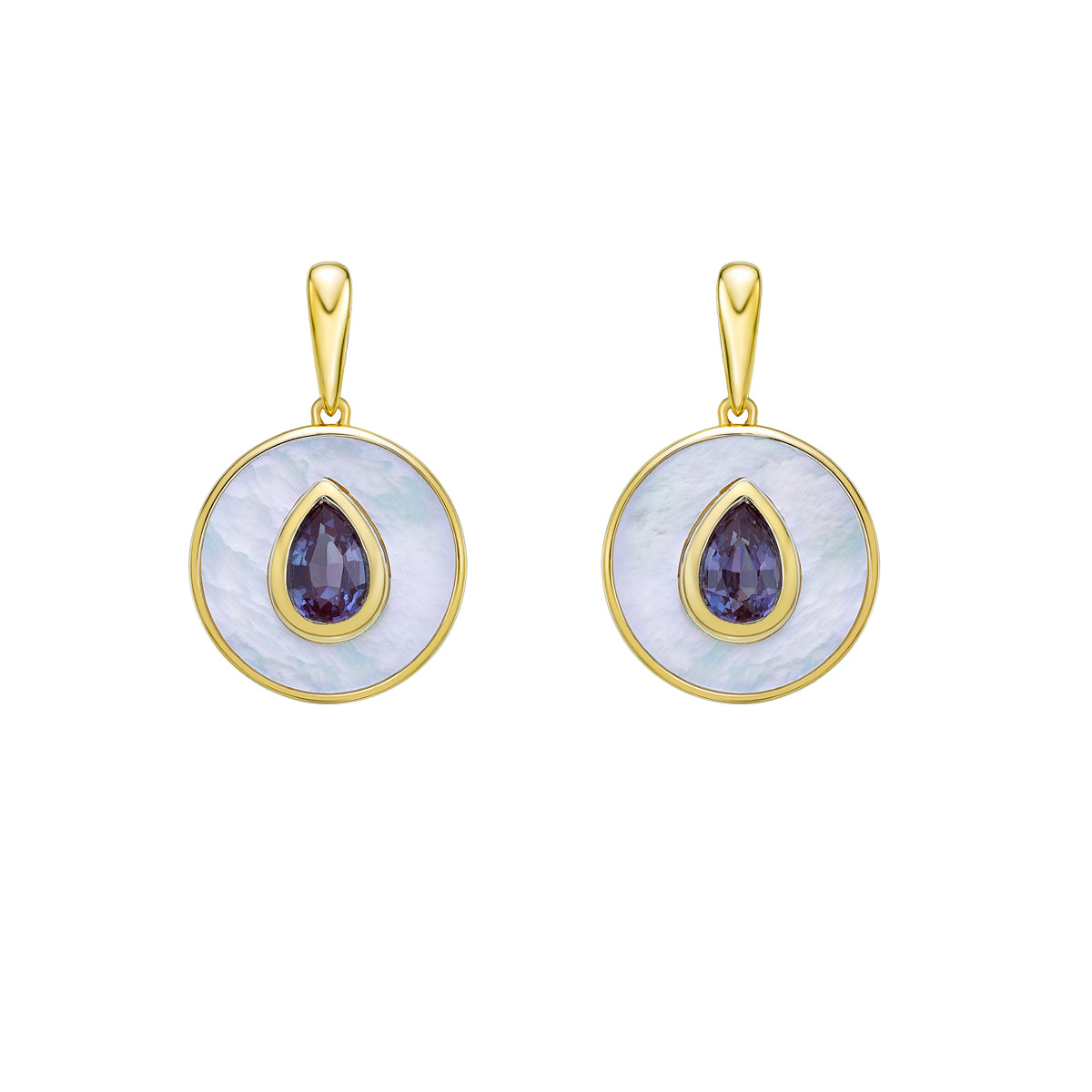 10K Yellow Gold Created Alexandrite and Mother of Pearl Earrings