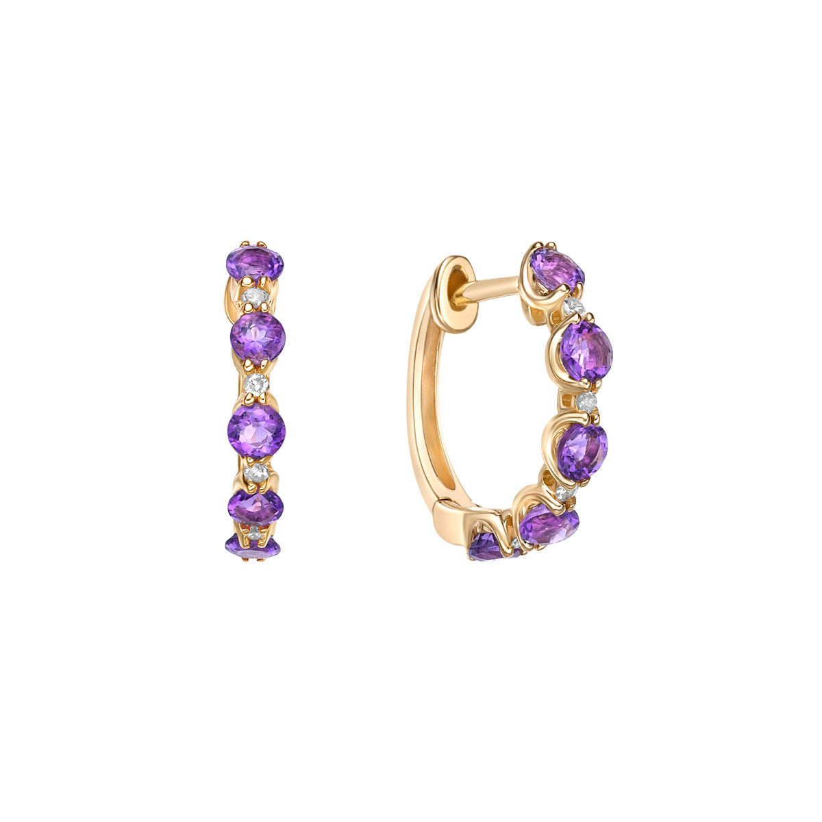 10K Yellow Gold Prong-set Amethyst &amp; Diamond Hoop Earrings