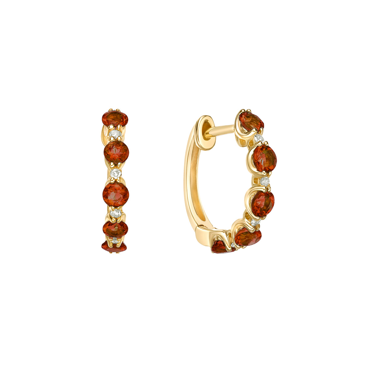 10K Yellow Gold Prong-set Garnet &amp; Diamond Hoop Earrings