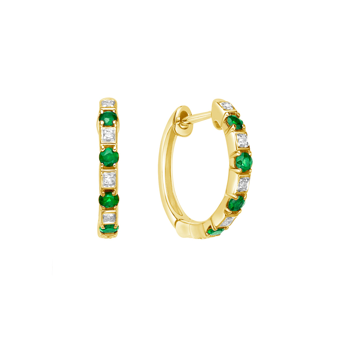 10K Yellow Gold Classic Round Emerald &amp; Diamond Hoop Earrings