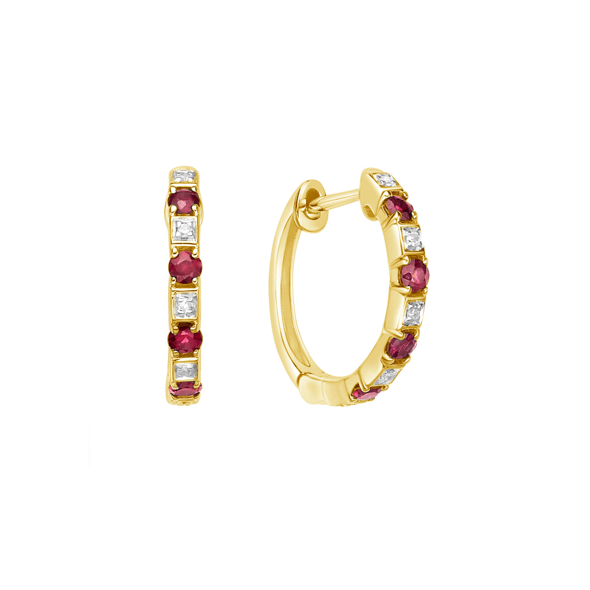 10K Yellow Gold Classic Ruby &amp; Diamond Hoop Earrings