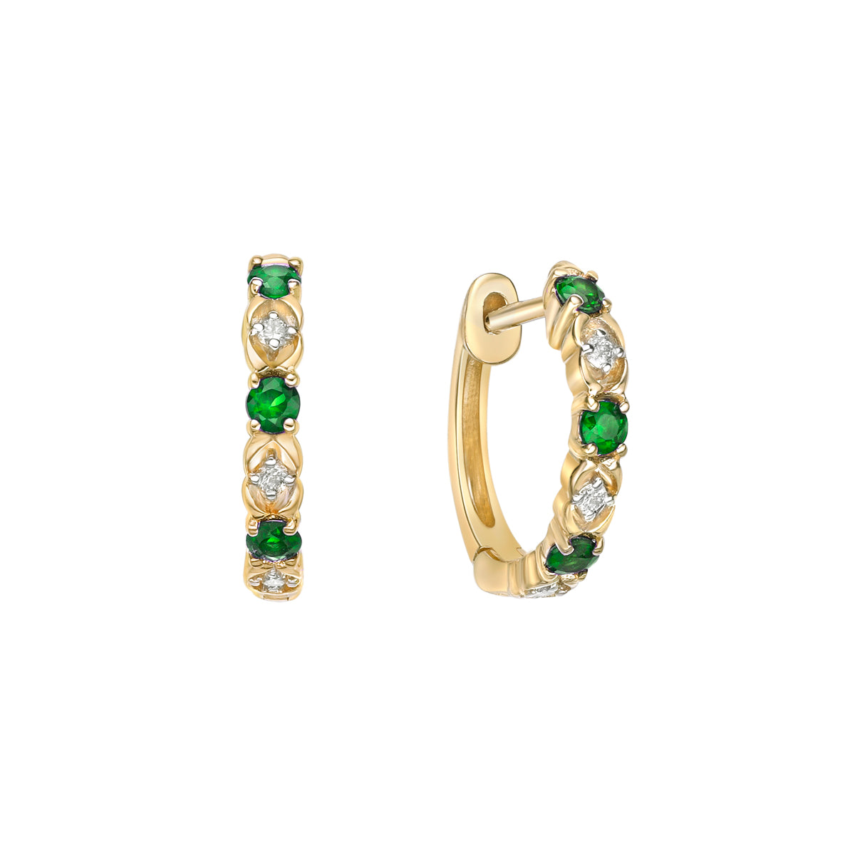 10K Yellow Gold Classic Emerald &amp; Diamond Hoop Earrings
