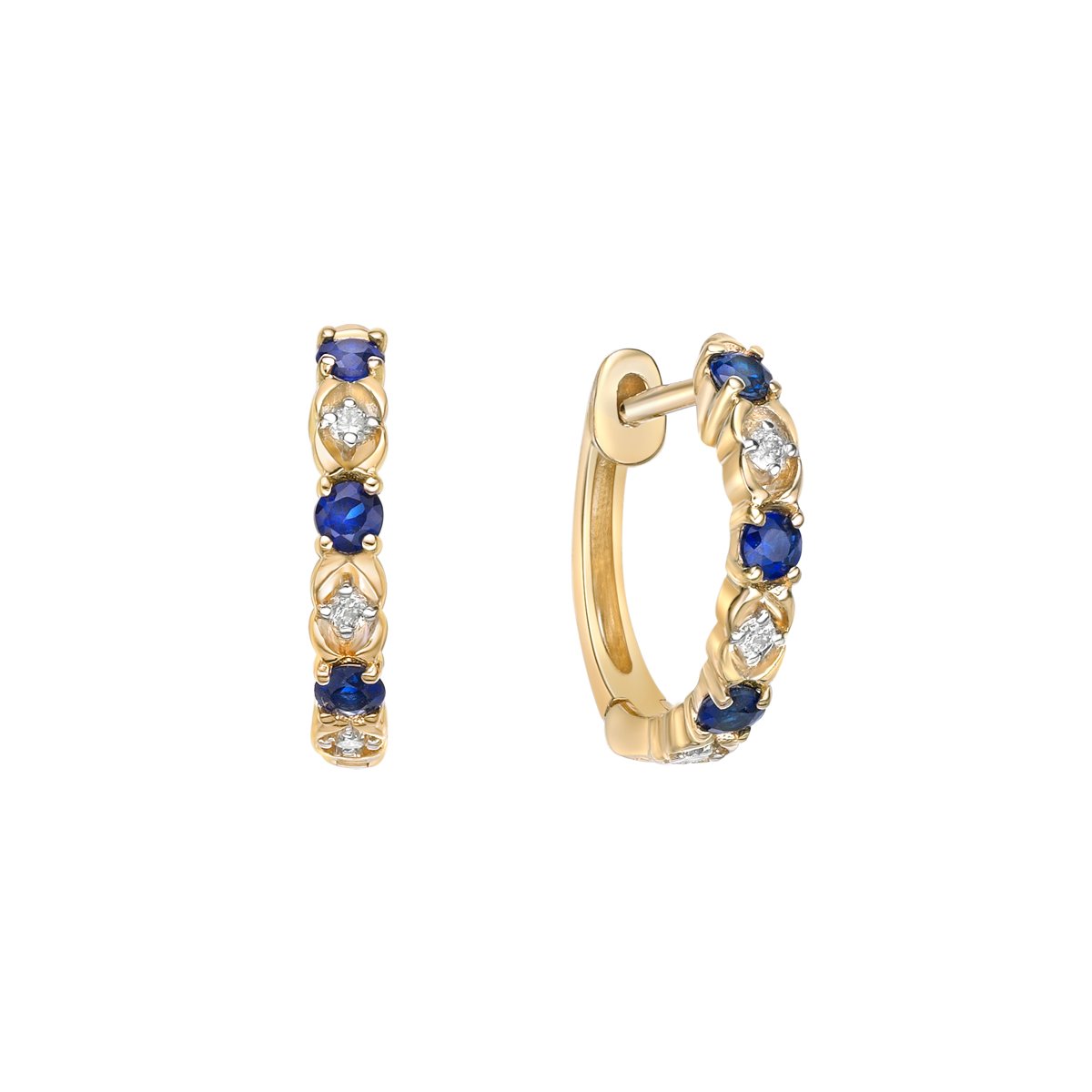 10K Yellow Gold Classic Sapphire &amp; Diamond Hoop Earrings