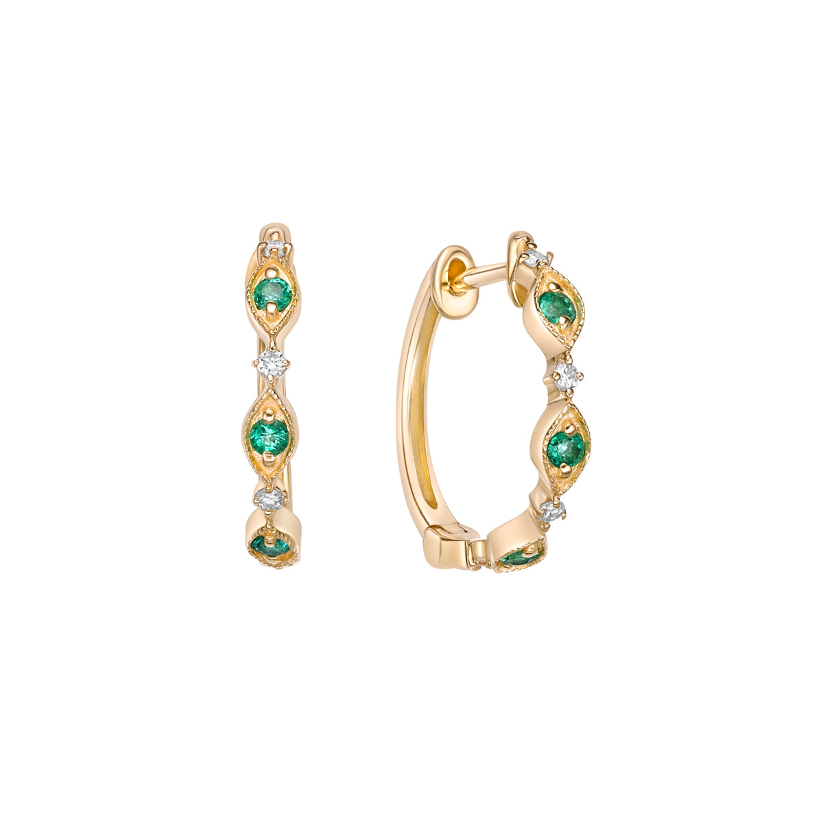 10K Yellow Gold Classic Emerald &amp; Diamond Hoop Earrings