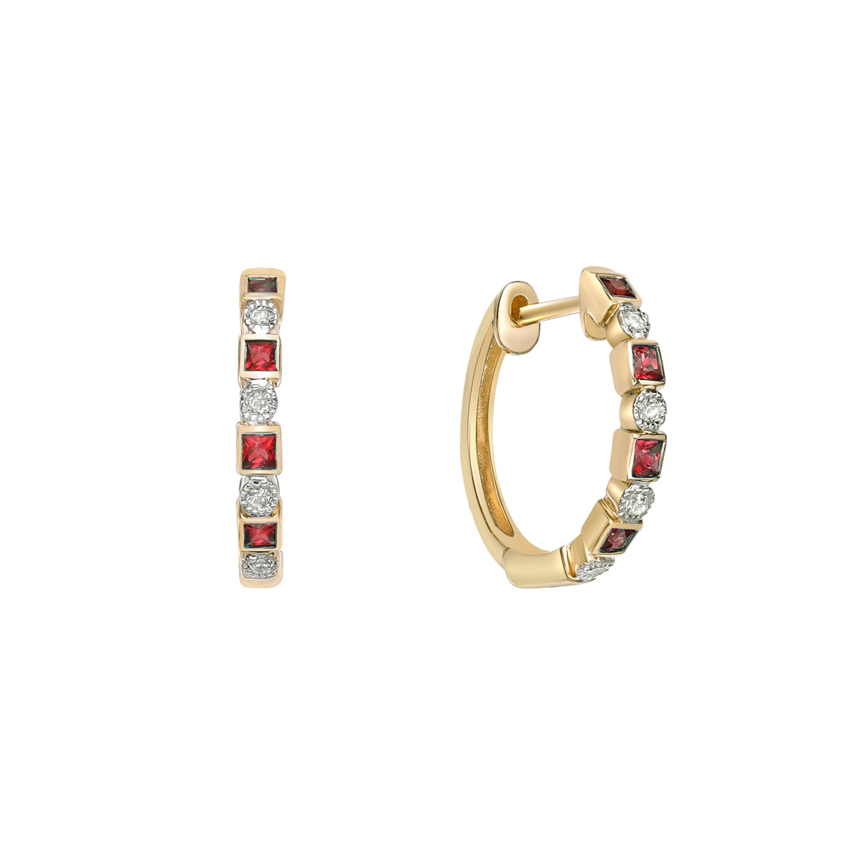 10K Yellow Gold Classic Ruby &amp; Diamond Hoop Earrings