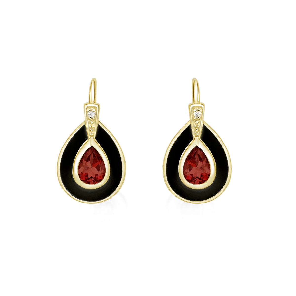 10K Yellow Gold Bezel-set Garnet and Diamond Earrings with Enamel