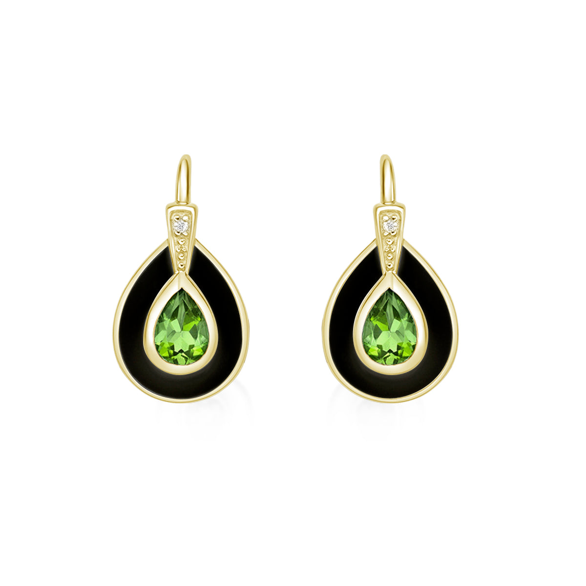 10K Yellow Gold Peridot and Diamond Earrings with Enamel