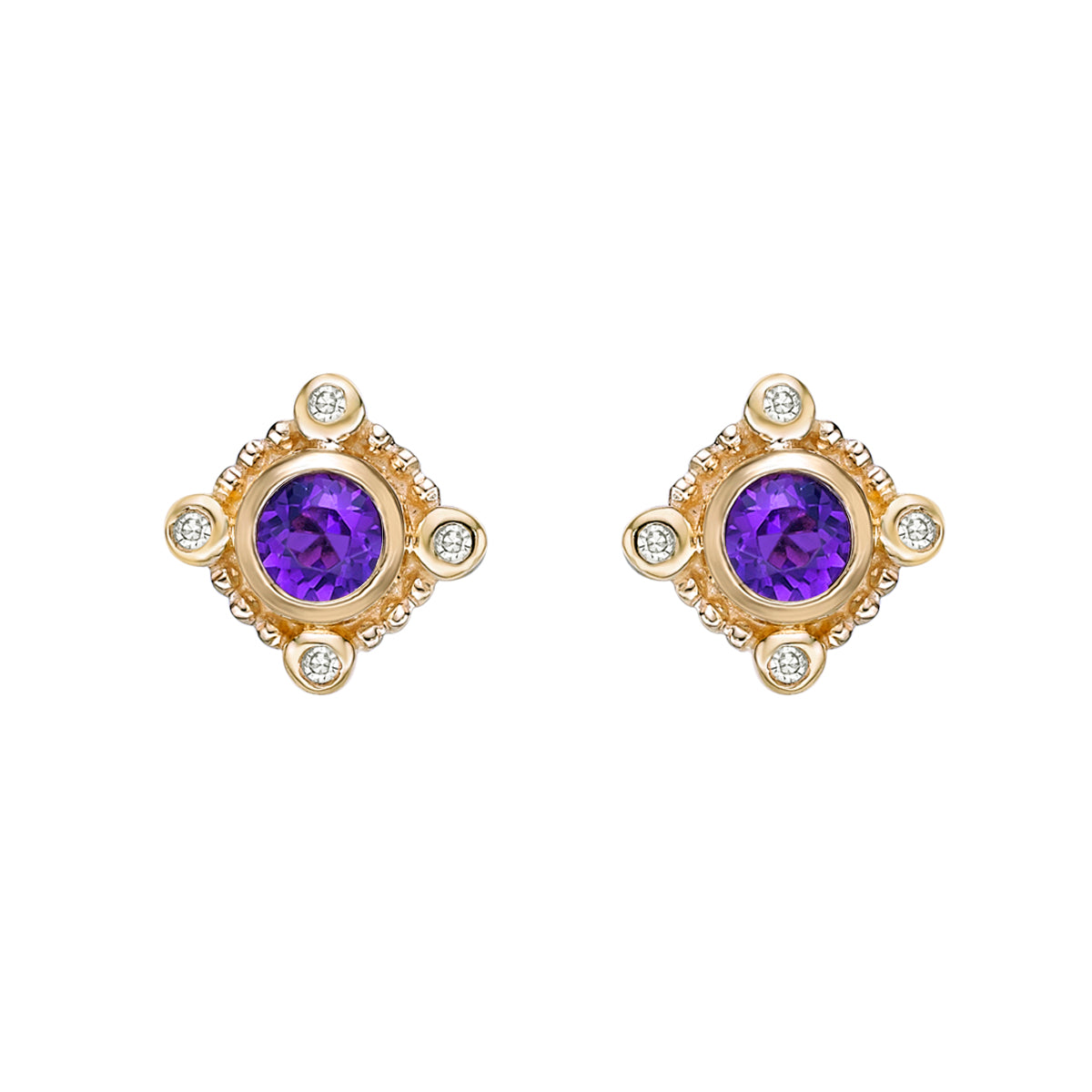 10K Yellow Gold Bezel-set Round Amethyst Earrings with Diamond Accent