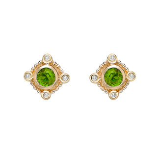 Aretes de diamantes y peridoto en oro amarillo de 10 quilates