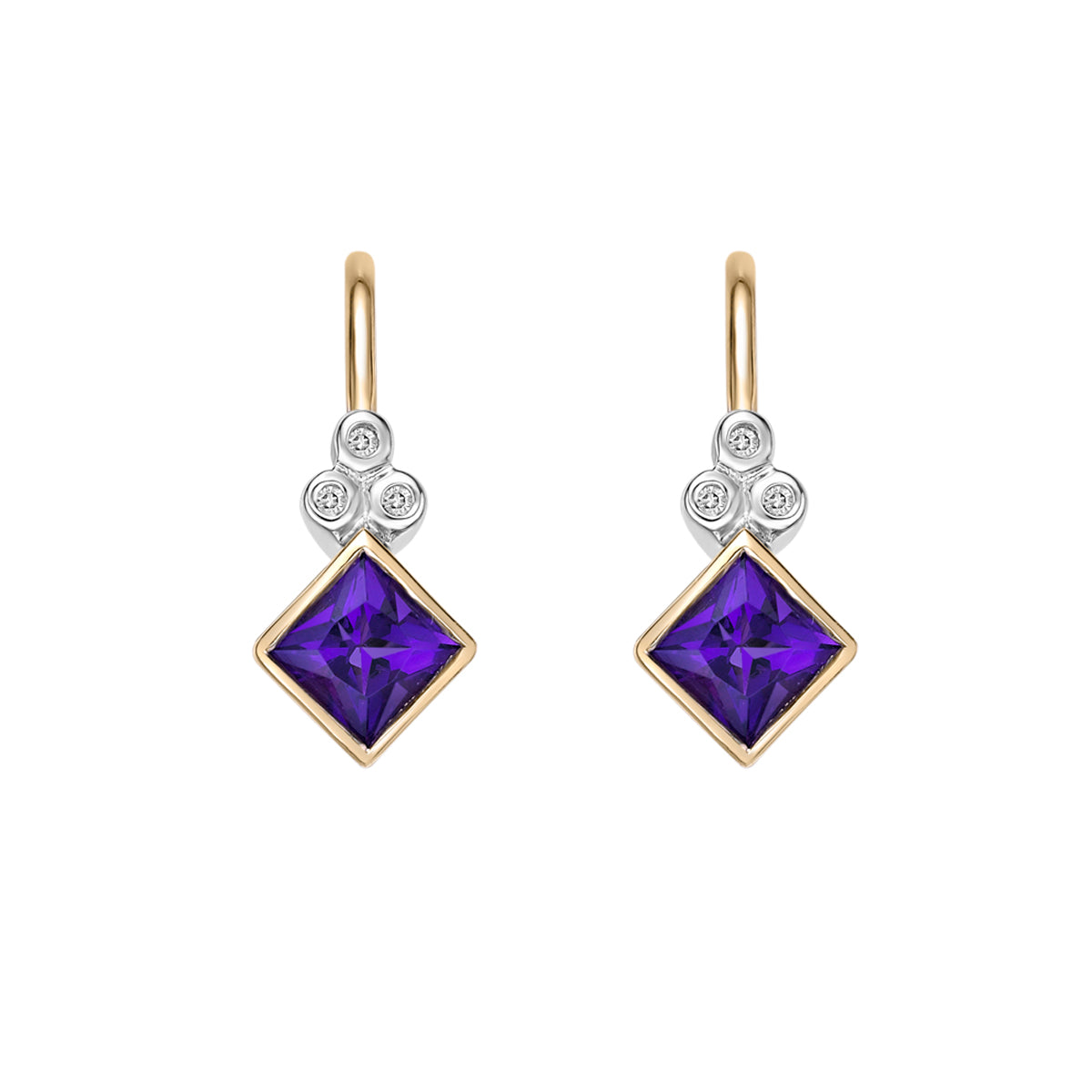 10K Yellow Gold Bezel-set Princess Amethyst Earrings with Diamond Accent