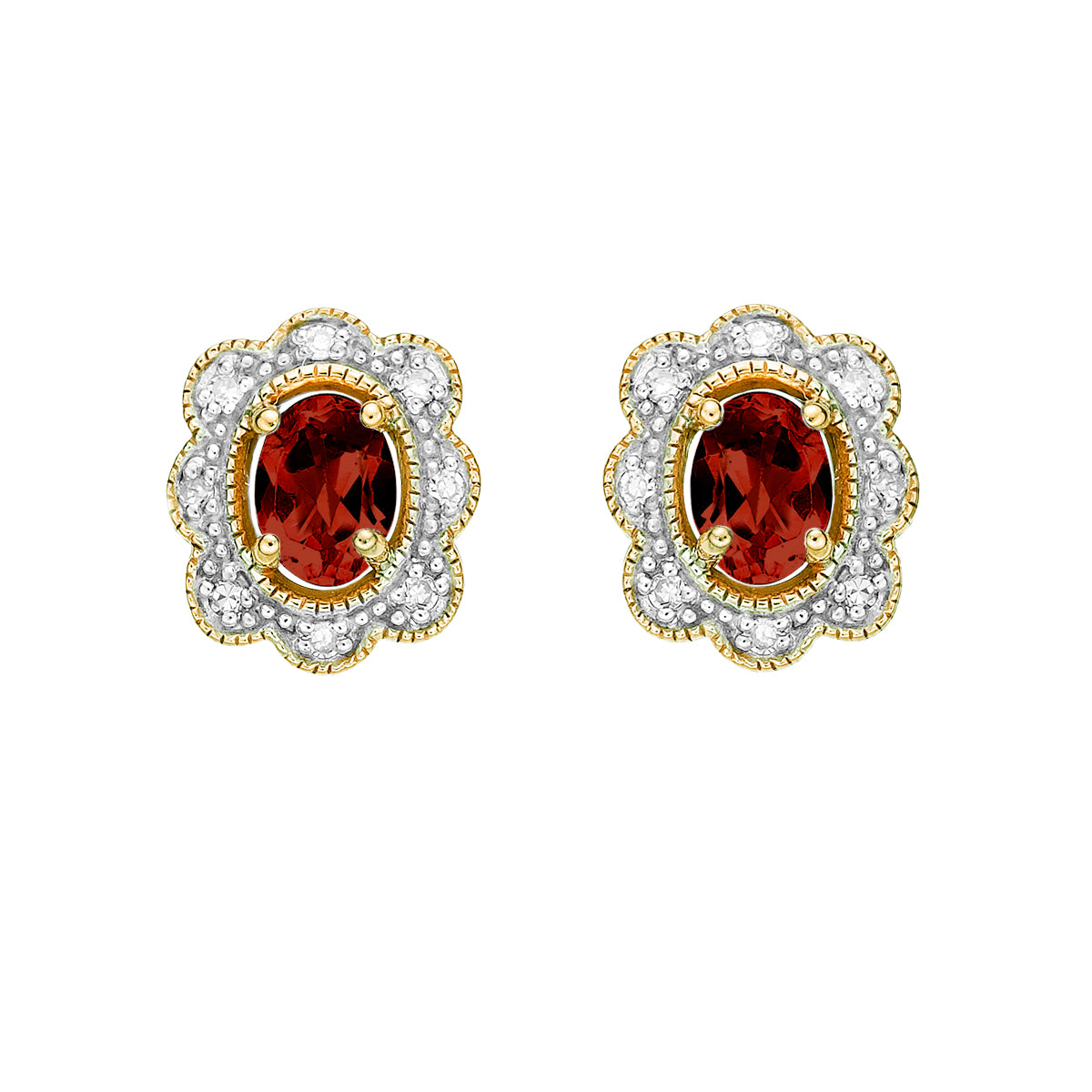 10K Yellow Gold Prong-set Garnet Earrings with Diamond Halo