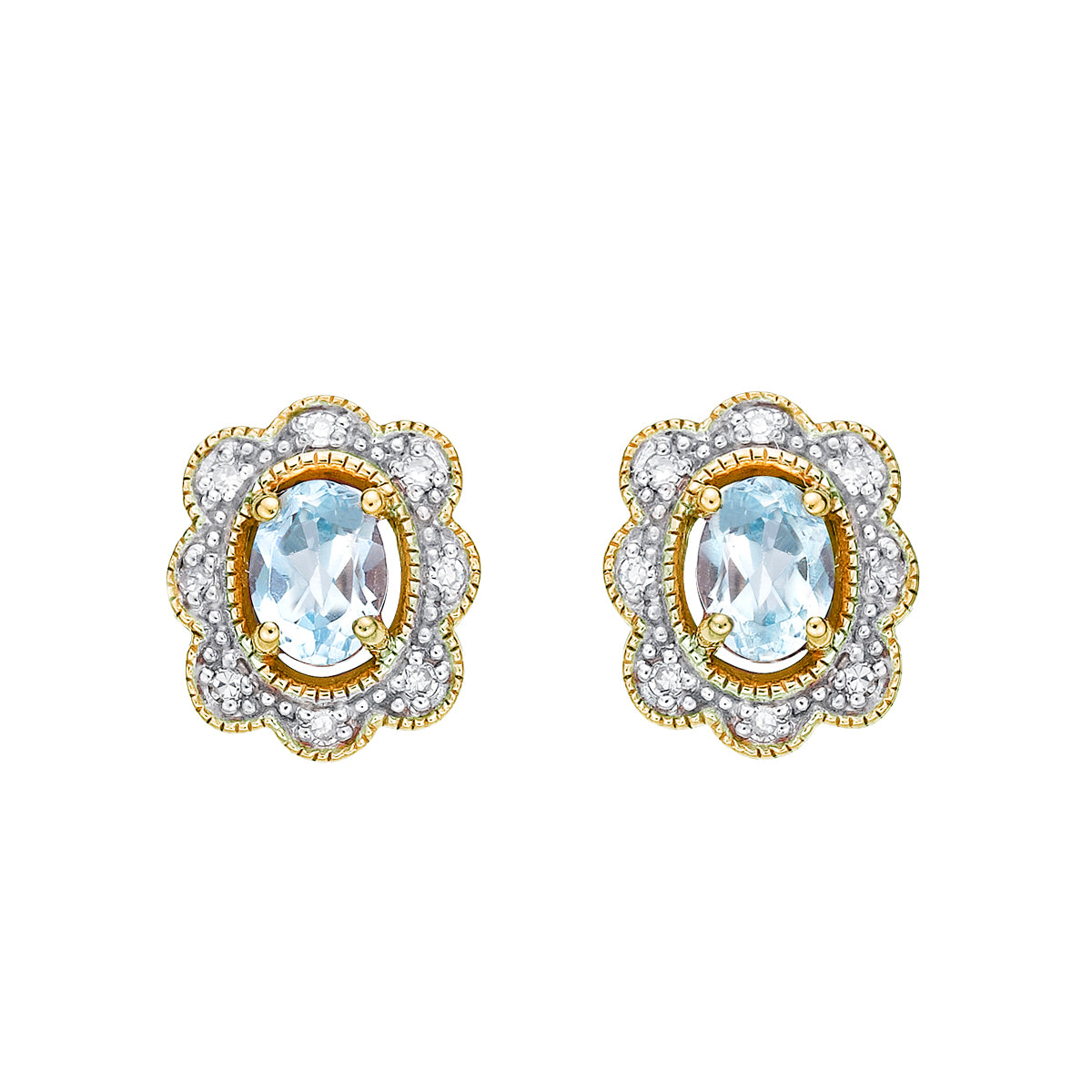 10K Yellow Gold Aquamarine Earrings with Diamond Halo