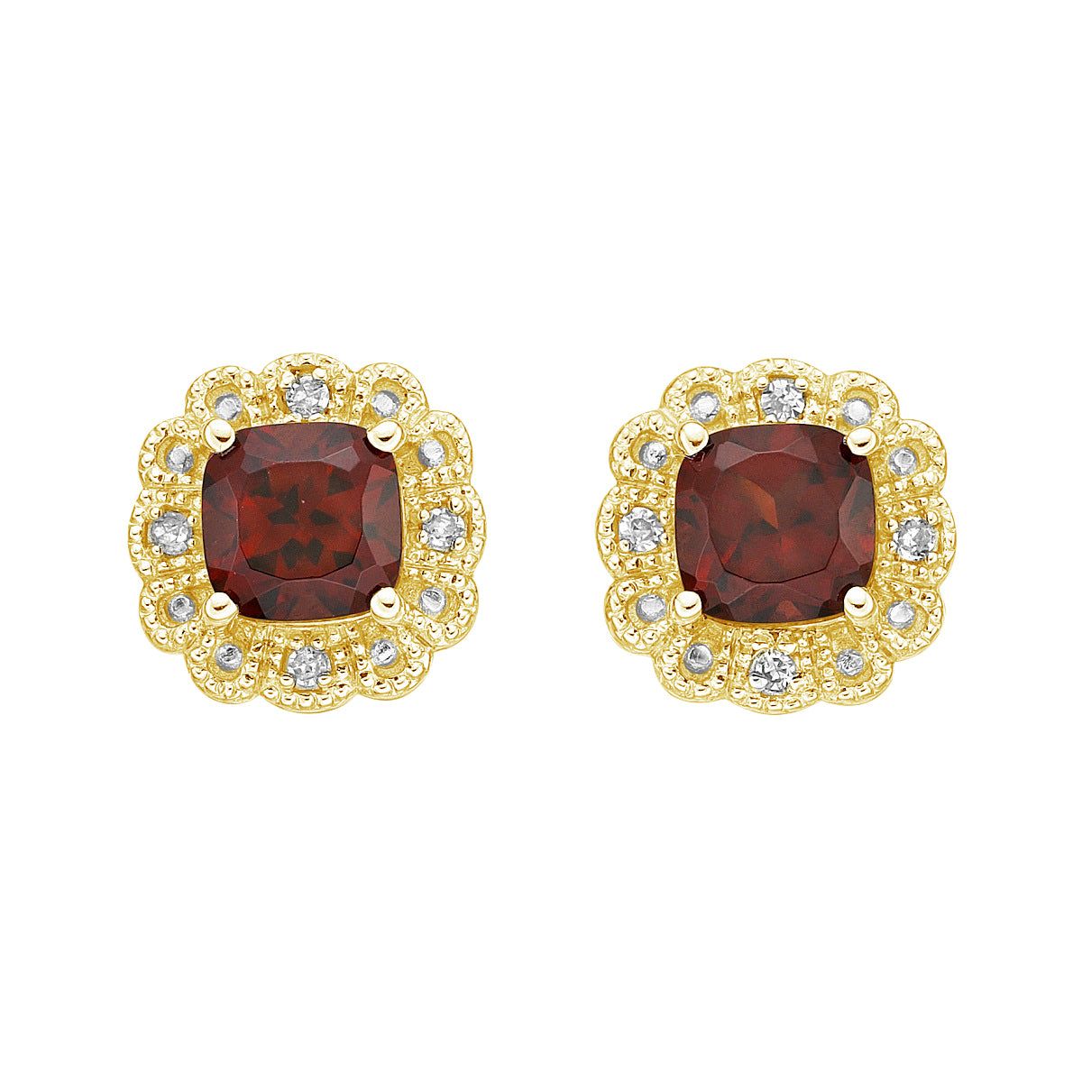 10K Yellow Gold Prong-set Garnet Earrings with Diamond Halo