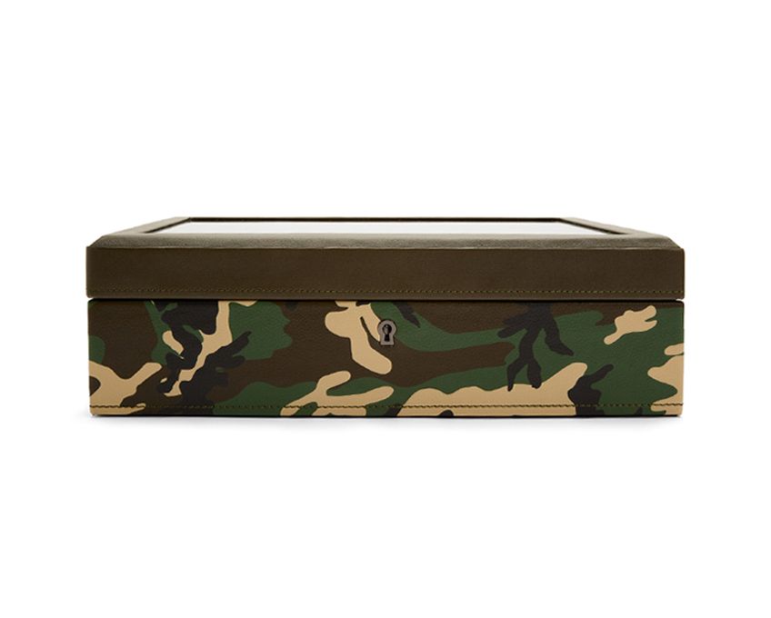 A watch box with a camouflage pattern on the lid.