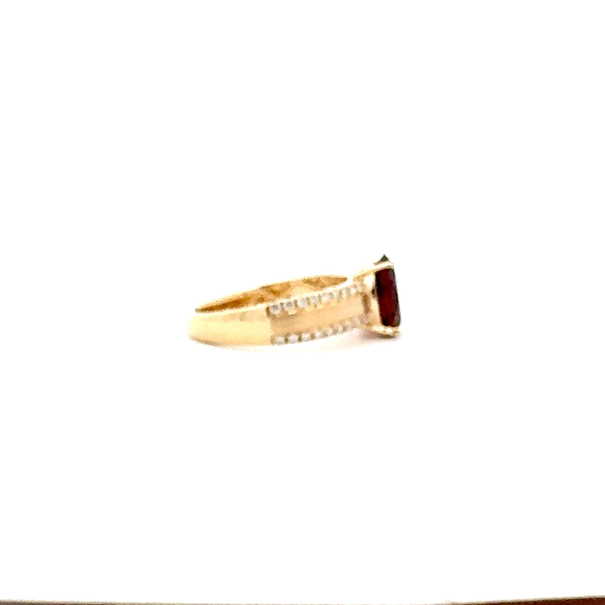 10K Yellow Gold Garnet and Diamond Brushed Ring