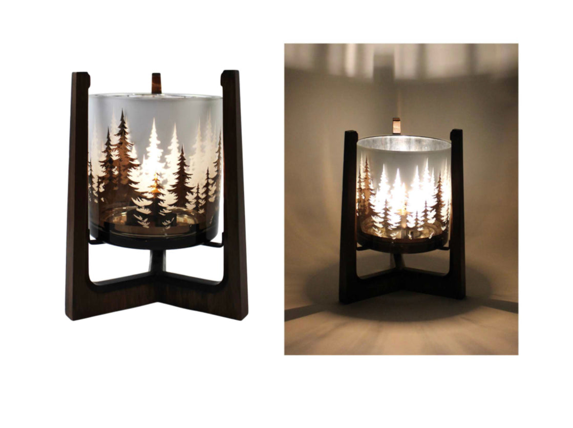 LED Glass Forest Decor with Wooden Holder