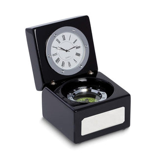 Compass and Clock in Lacquered Black Finish Wood Hinged Box with Engraving Plate  GM21408