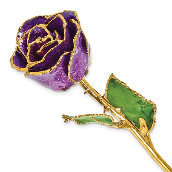 24K Lacquer Dipped Gold Trimmed Purple Rose with Sparkles