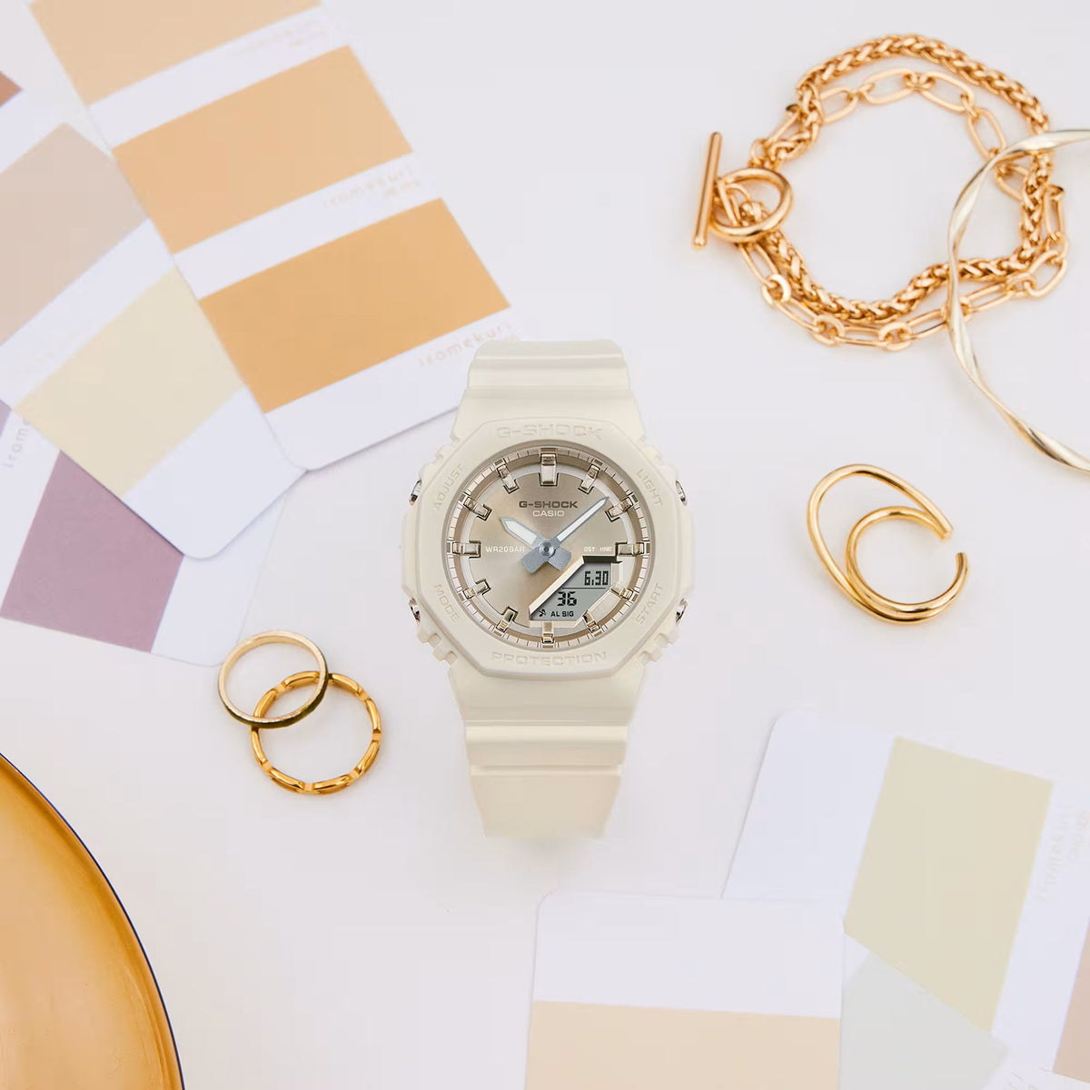 Casio G-Shock Women&#39;s Analog Digital Watch, GMAP2100ST-7A, White &amp; Gold