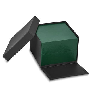 Green Watch box with Ivory Interior and Black Outer Box with Pocket  Dimensions: 4.75" x 4.75" x 3.25"