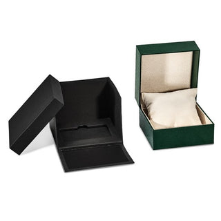 Green Watch box with Ivory Interior and Black Outer Box with Pocket  Dimensions: 4.75" x 4.75" x 3.25"