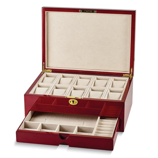 A high gloss cherry finish red and beige colored watch holder with a velvet-lined interior, capable of holding up to 10 watches, with ring rolls and necklace pad compartments.