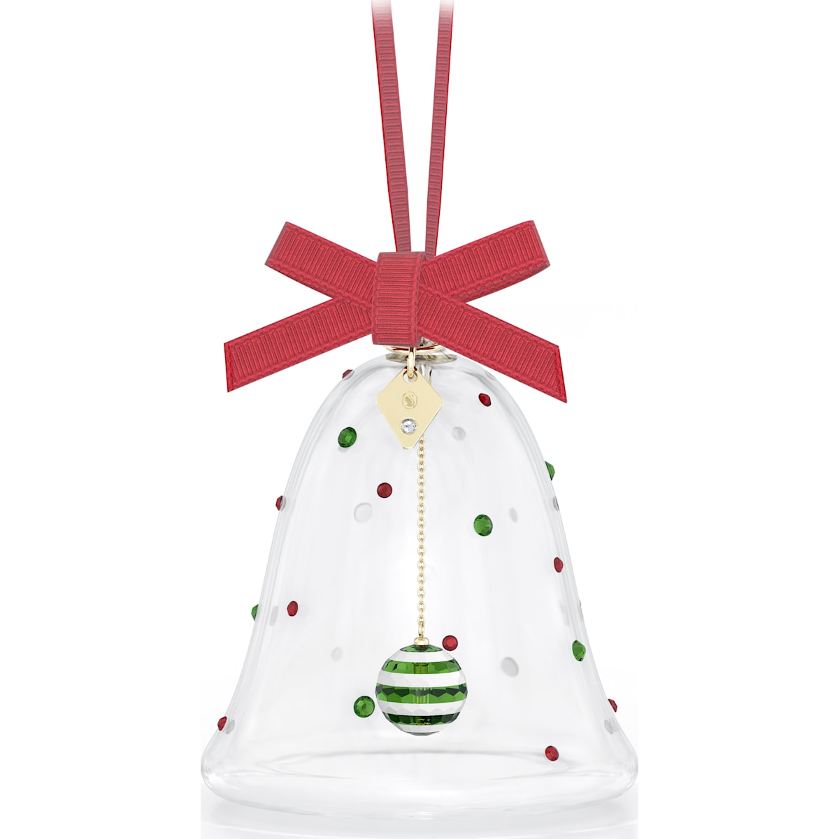 A Swarovski Holiday Cheers bell ornament with a red ribbon, gold-tone plated accents, and colorful crystallized flatback crystals.