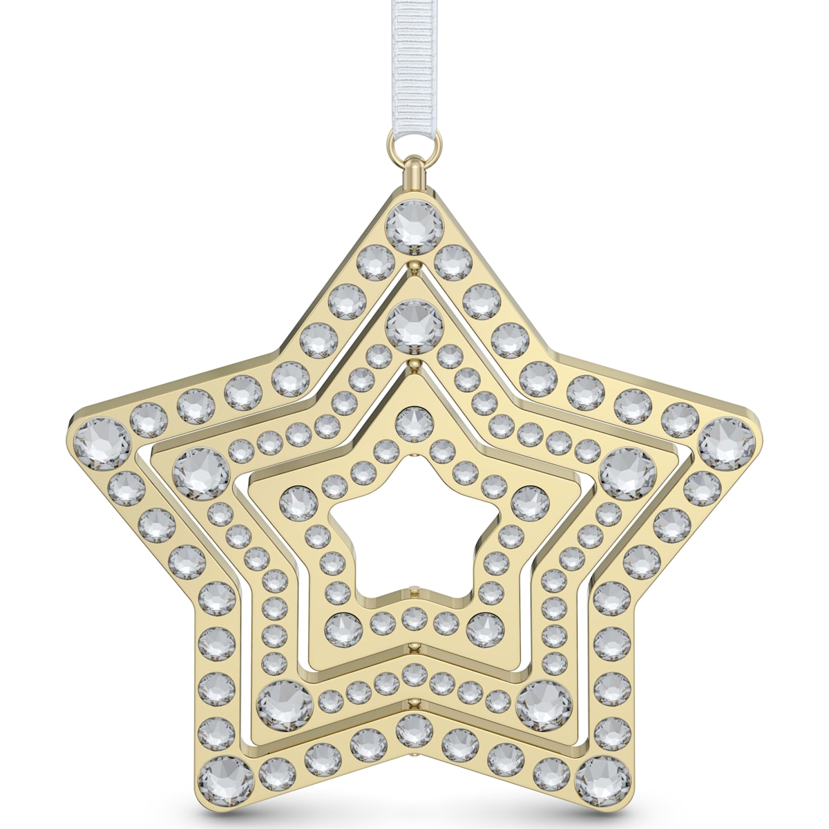 A gold-tone metallic star-shaped ornament adorned with a pavé of crystals, with a white ribbon for hanging.
