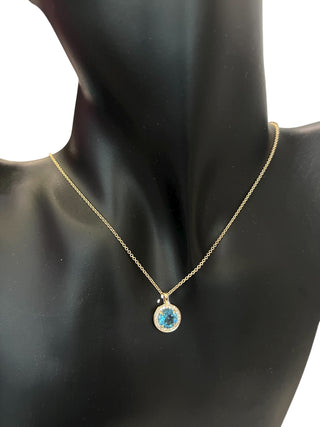 10K Yellow Gold Blue Topaz and Diamond Necklace 18"